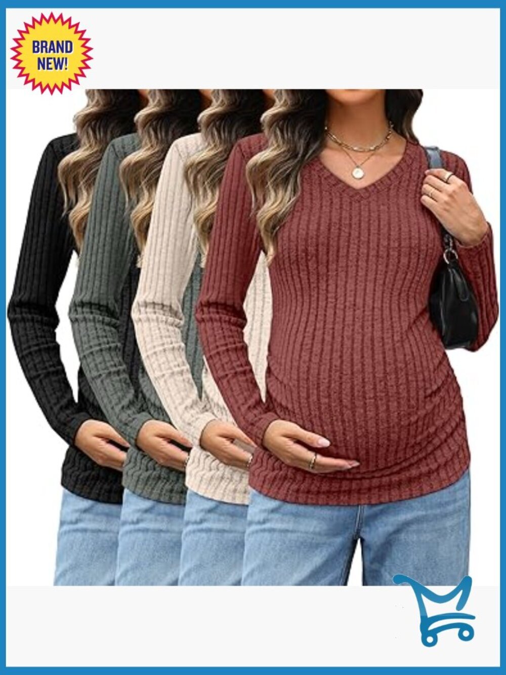 4 Pack Maternity V Neck Long Sleeve Ribbed Sweaters Winter Thermal Tops